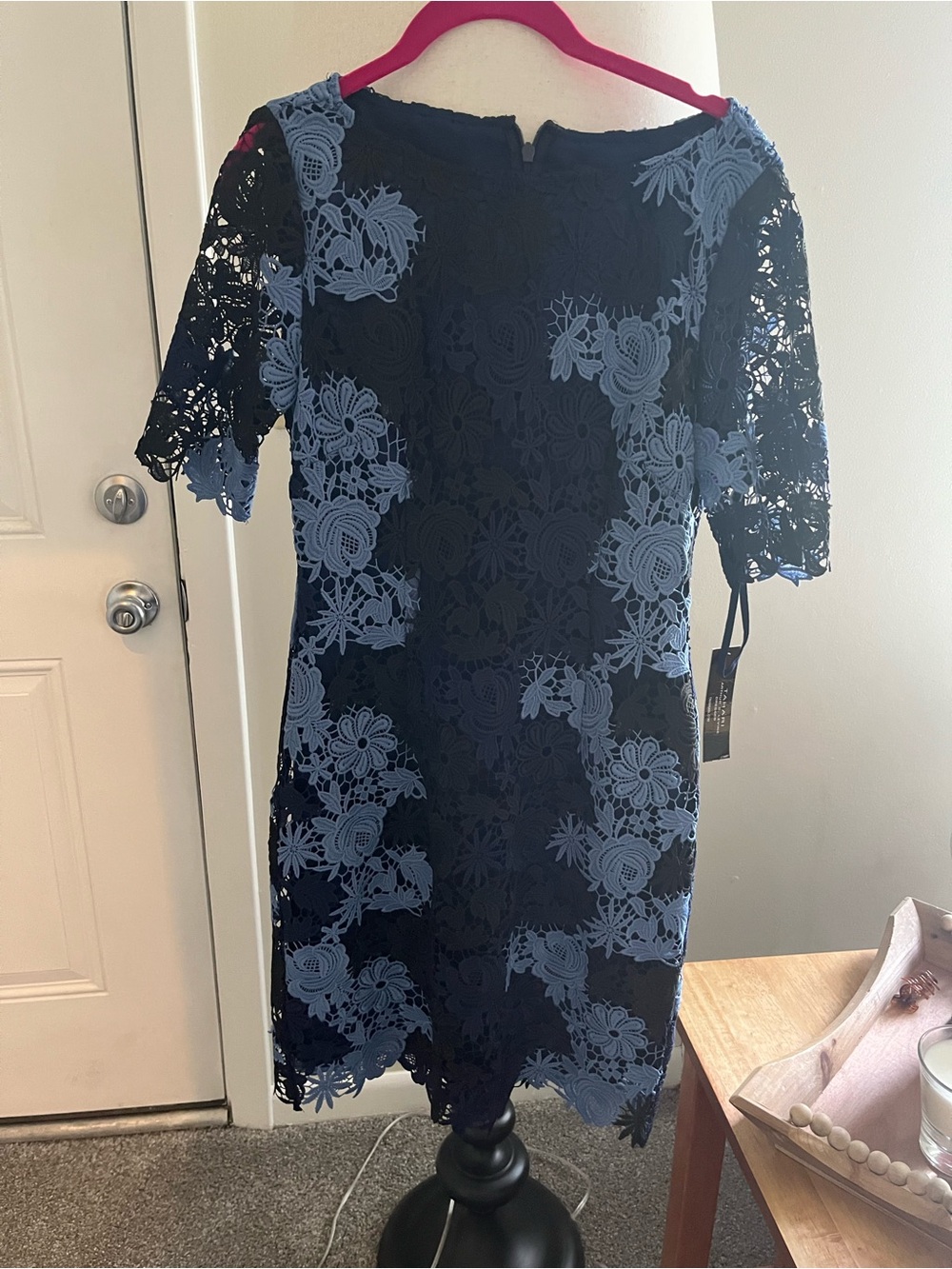Tahari Navy Sheath Dress with Dusty Blue Lace Overlay